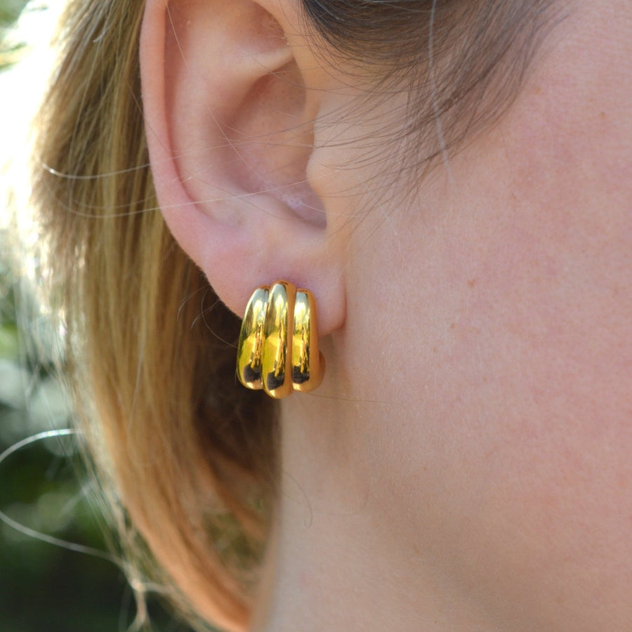 French 18ct Gold Retro Three Band Earrings