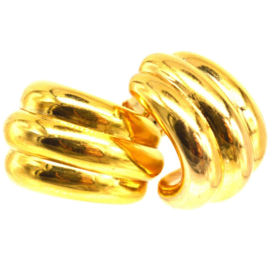 French 18ct Gold Retro Three Band Earrings