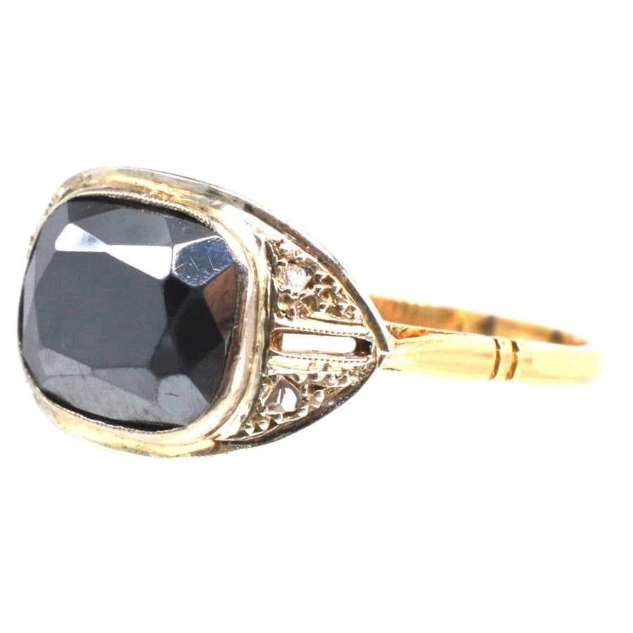 French Art Deco 18ct Gold and Platinum Hematite and Diamond Ring | Parkin and Gerrish | Antique & Vintage Jewellery