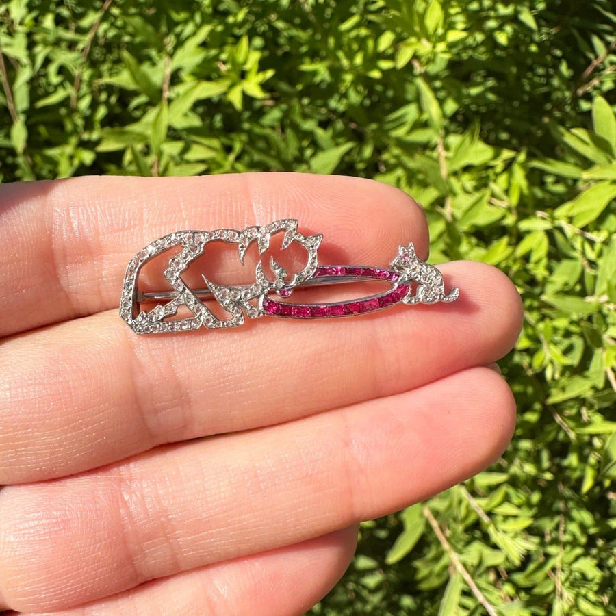 French Art Deco Platinum, Rose Cut Diamond & Ruby Brooch with a Cat and a Mouse | Parkin and Gerrish | Antique & Vintage Jewellery