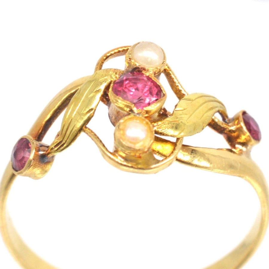 French Art Nouveau 18ct Gold, Ruby and Pearl Ring | Parkin and Gerrish | Antique & Vintage Jewellery