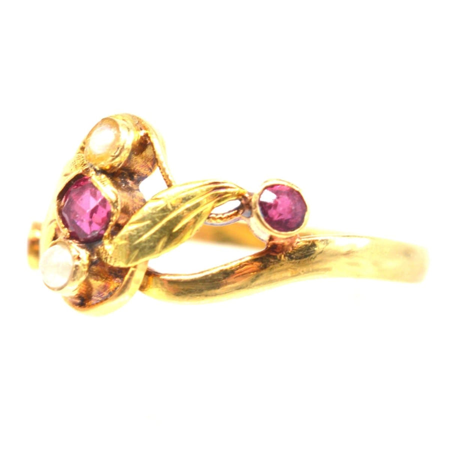 French Art Nouveau 18ct Gold, Ruby and Pearl Ring | Parkin and Gerrish | Antique & Vintage Jewellery