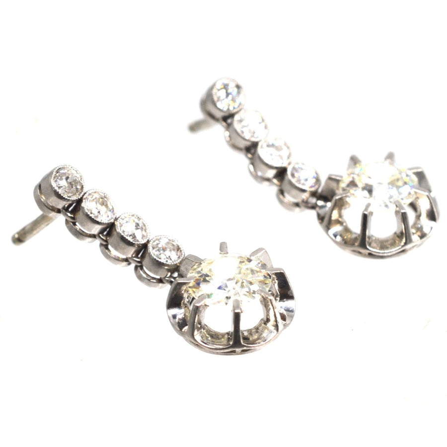 French Belle Epoque 18ct White Gold & Platinum 2.4 carats Diamond Dangling Earrings