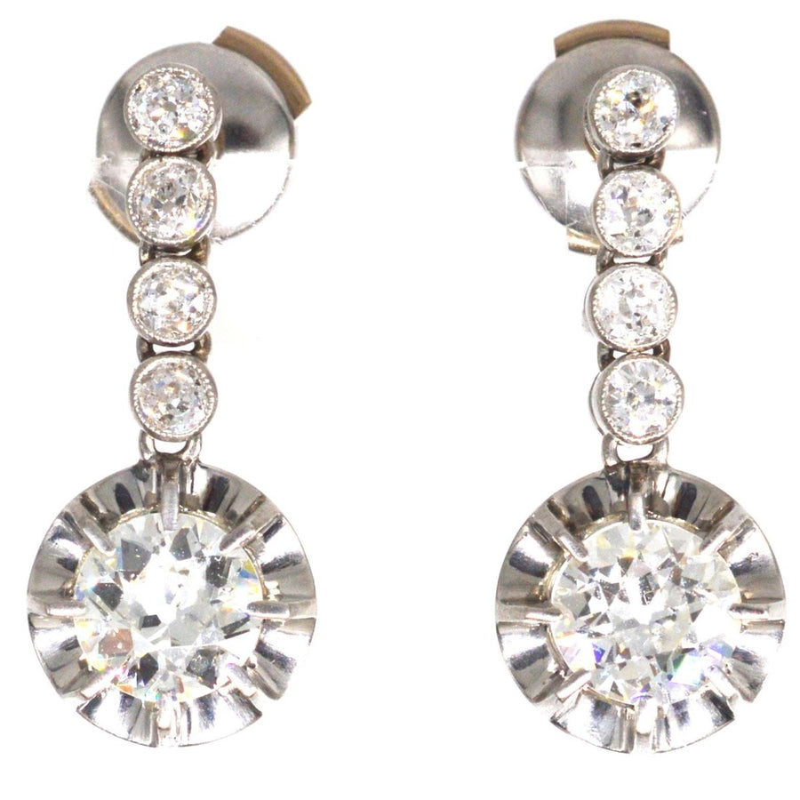 French Belle Epoque 18ct White Gold & Platinum 2.4 carats Diamond Dangling Earrings