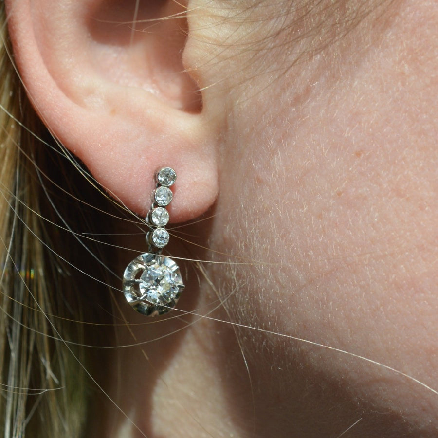 French Belle Epoque 18ct White Gold & Platinum 2.4 carats Diamond Dangling Earrings