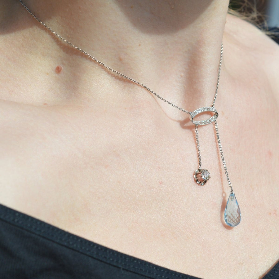 French Belle Epoque Platinum Diamond and Blue Topaz Necklace