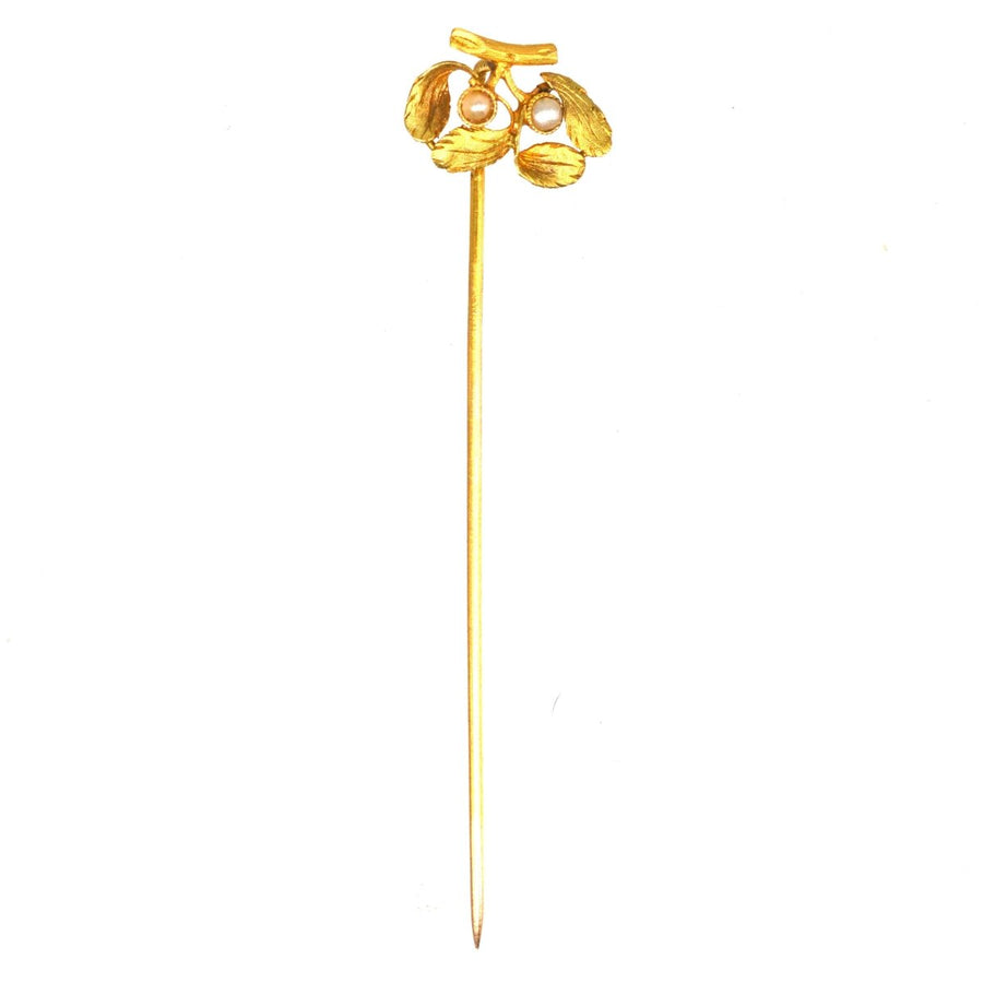 French Late 19th Century 18ct Gold Mistletoe Pearl Tie Pin