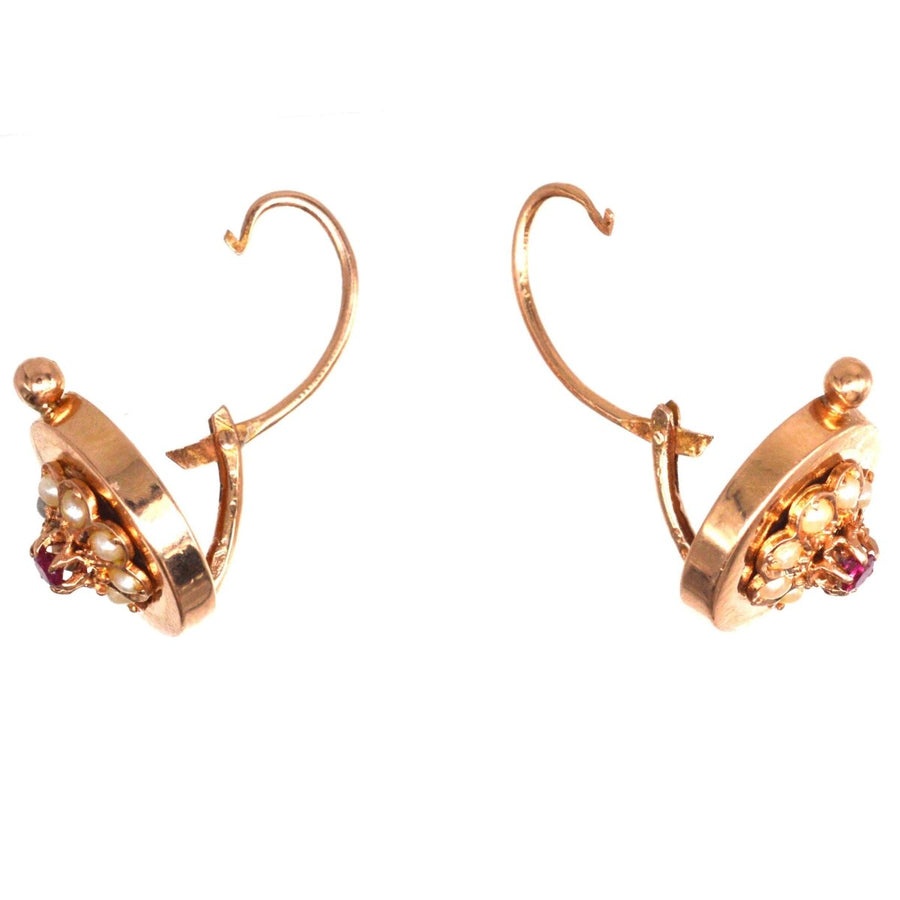 French Late 19th Century 18ct Rose Gold Seed Pearls and Ruby Cluster Earrings