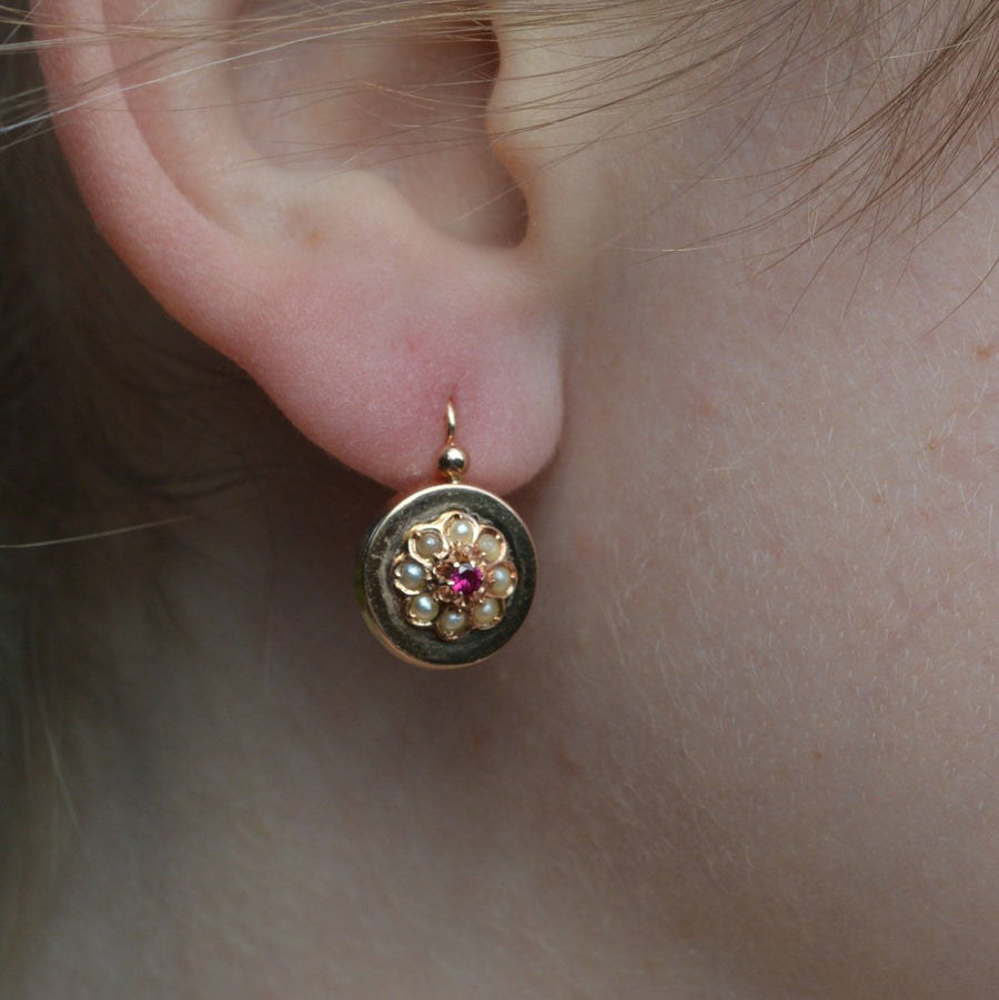 French Late 19th Century 18ct Rose Gold Seed Pearls and Ruby Cluster Earrings