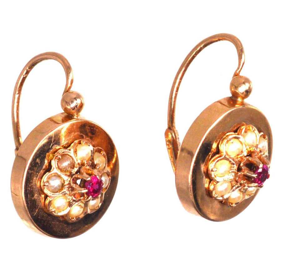 French Late 19th Century 18ct Rose Gold Seed Pearls and Ruby Cluster Earrings
