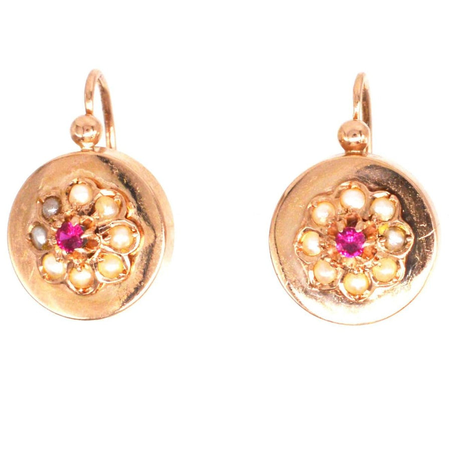 French Late 19th Century 18ct Rose Gold Seed Pearls and Ruby Cluster Earrings
