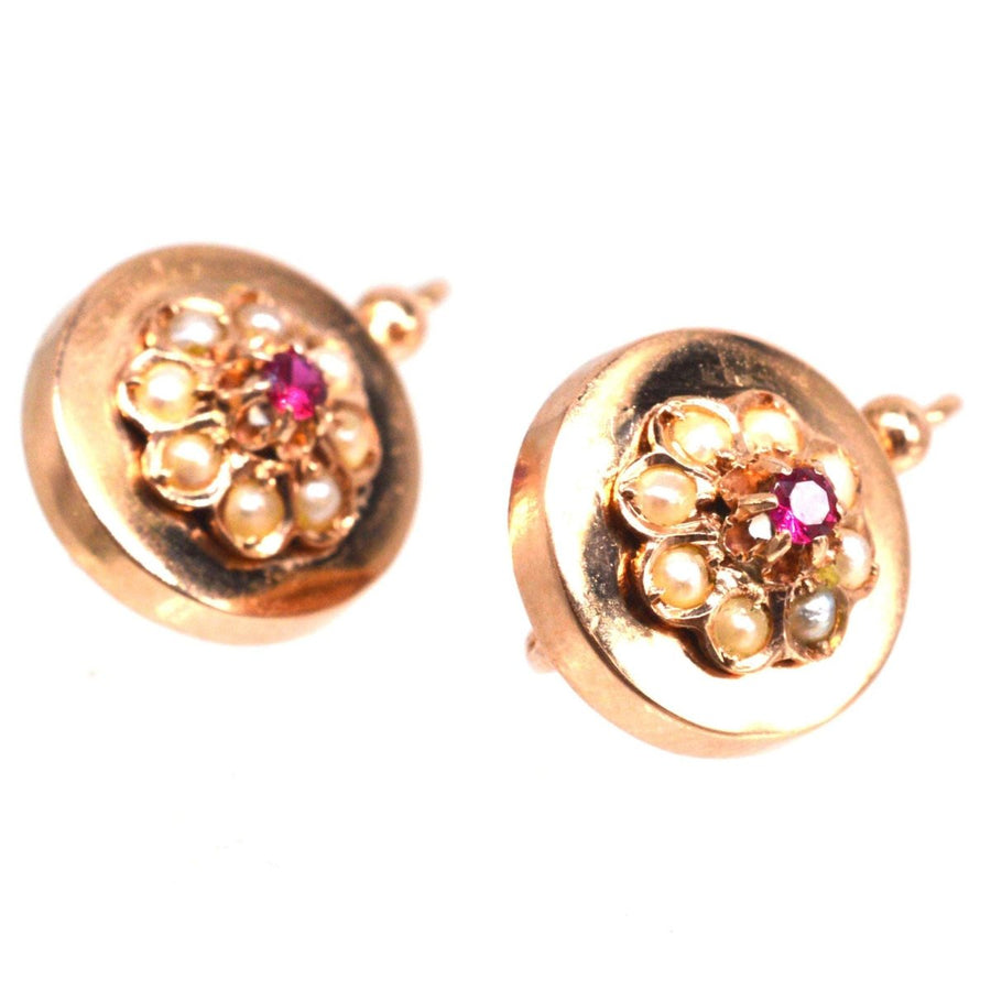 French Late 19th Century 18ct Rose Gold Seed Pearls and Ruby Cluster Earrings