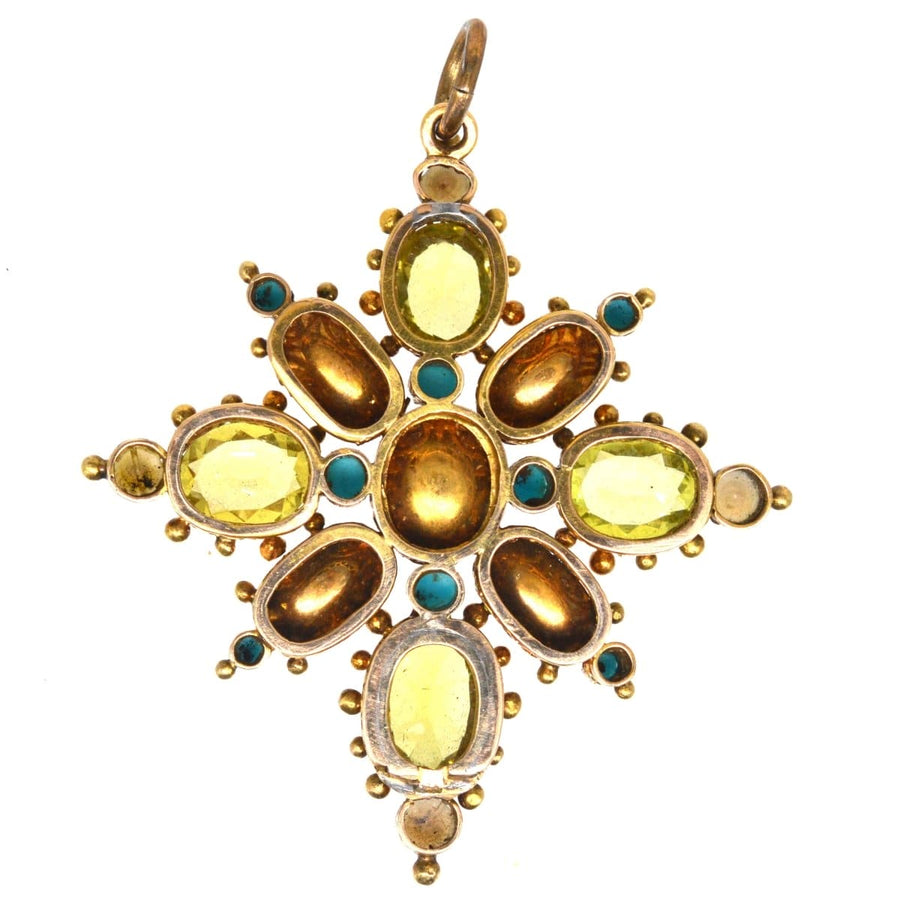 Georgian 15ct Gold Pink Topaz, Chrysoberyl, Natural Split Pearl & Turquoise Pendant | Parkin and Gerrish | Antique & Vintage Jewellery