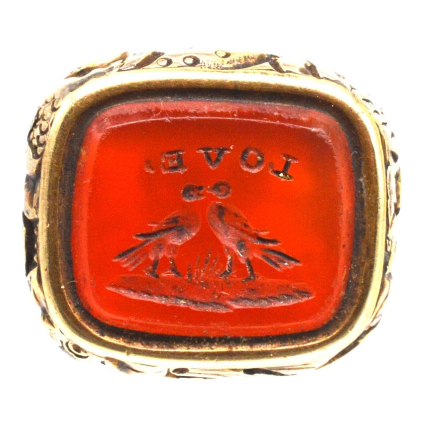 Georgian Gold Cased Seal with Carnelian Intaglio of Two Dove Birds and Love