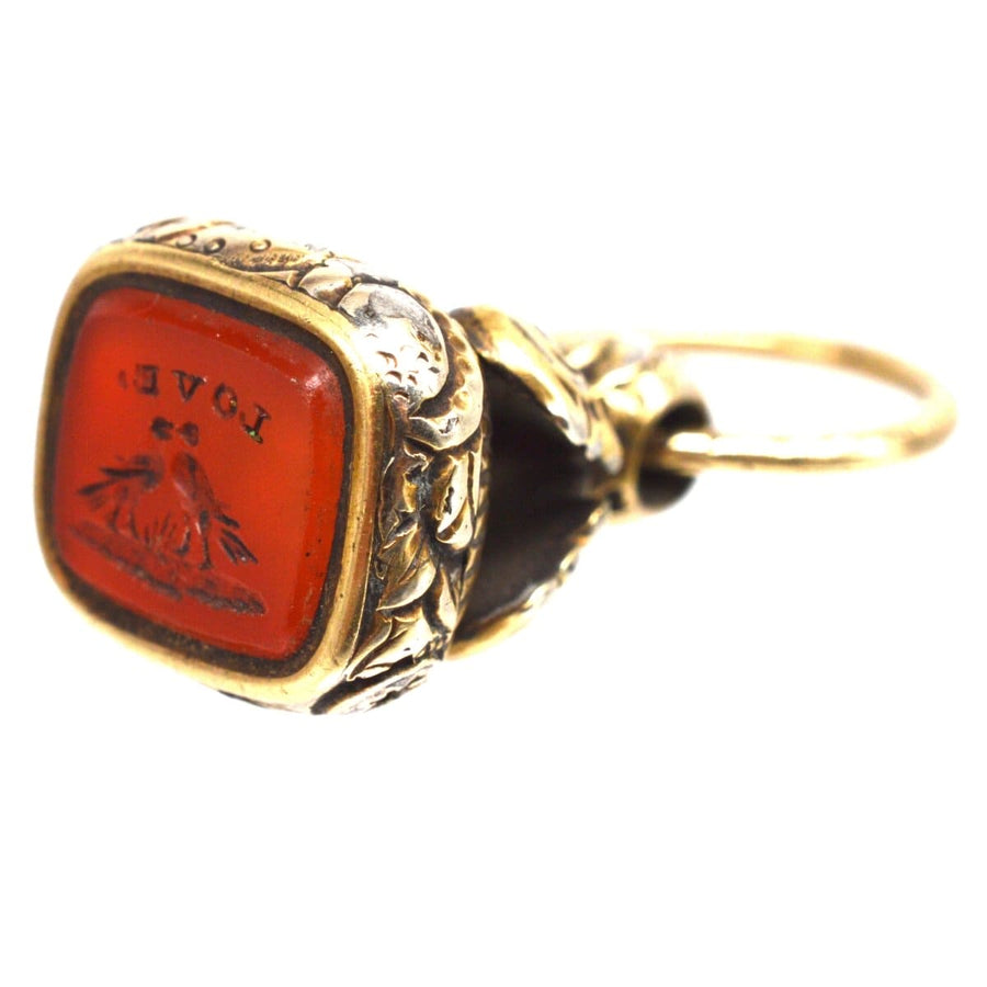 Georgian Gold Cased Seal with Carnelian Intaglio of Two Dove Birds and Love
