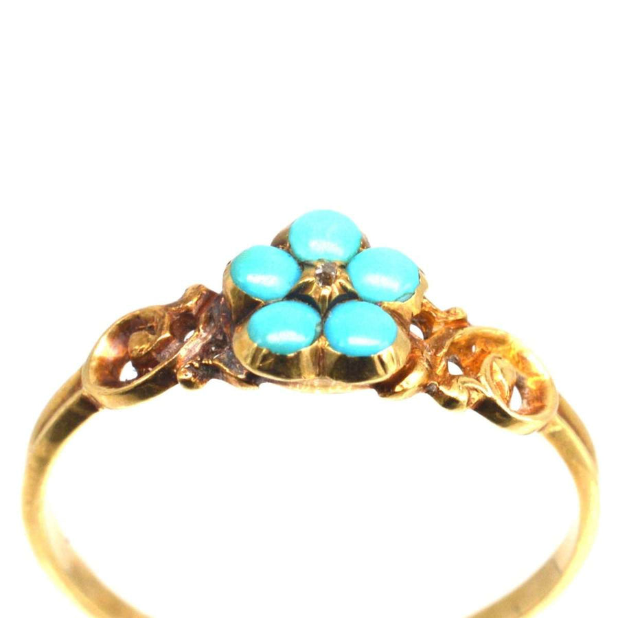 Georgian William IV 18ct gold ring featuring a turquoise Forget-Me-Not flower design, symbolizing remembrance and fidelity.