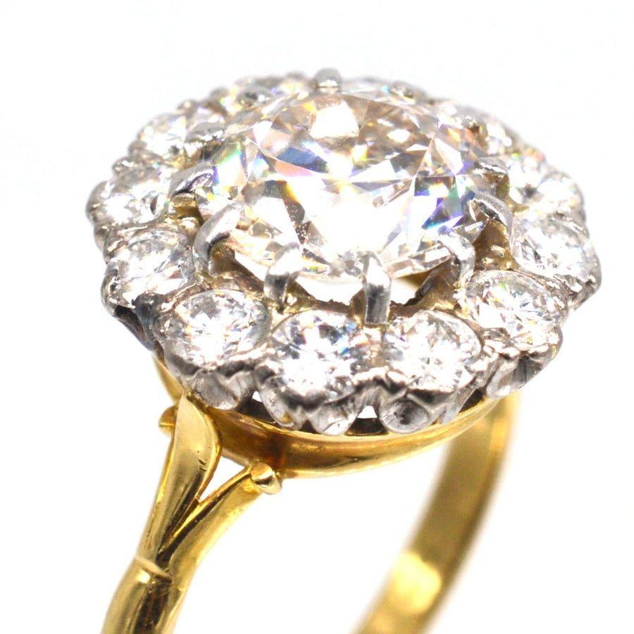 Large Edwardian 18ct Gold and Platinum 3.7 Carats Diamond Cluster Ring