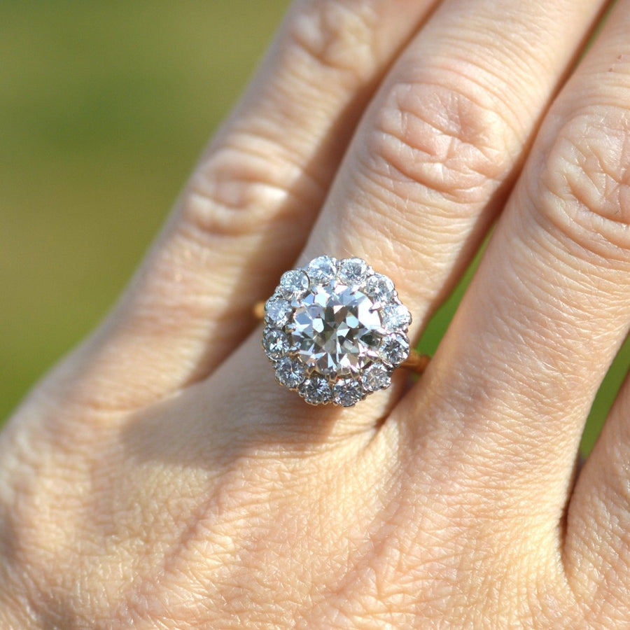 Large Edwardian 18ct Gold and Platinum 3.7 Carats Diamond Cluster Ring