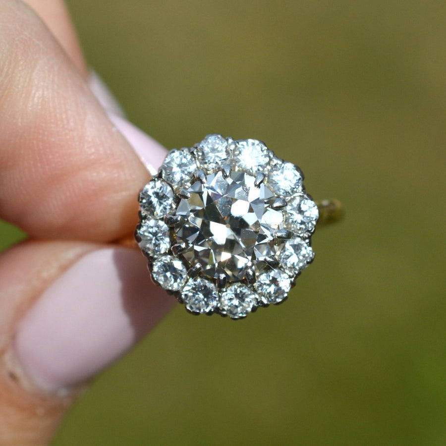 Large Edwardian 18ct Gold and Platinum 3.7 Carats Diamond Cluster Ring