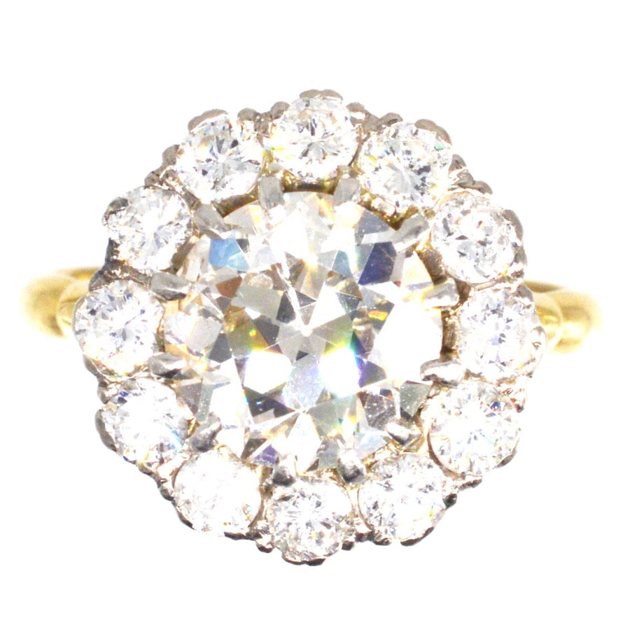 Large Edwardian 18ct Gold and Platinum 3.7 Carats Diamond Cluster Ring