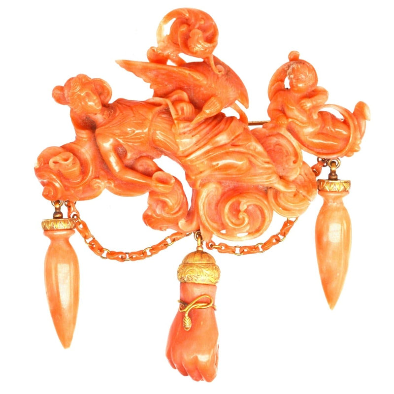 Large Rare Antique Italian Carved Coral Brooch of the Goddess Hebe