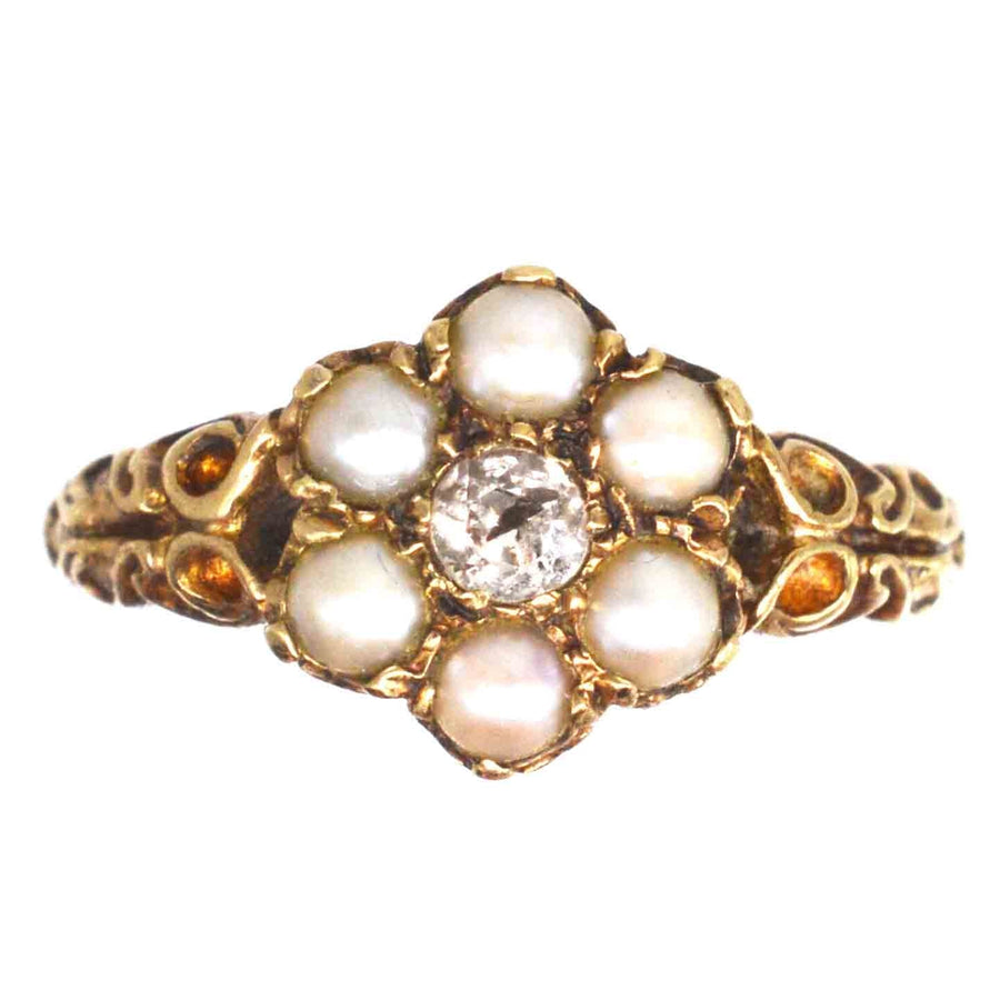 Late Victorian 9ct Gold Split Pearl and Diamond Cluster Ring | Parkin and Gerrish | Antique & Vintage Jewellery