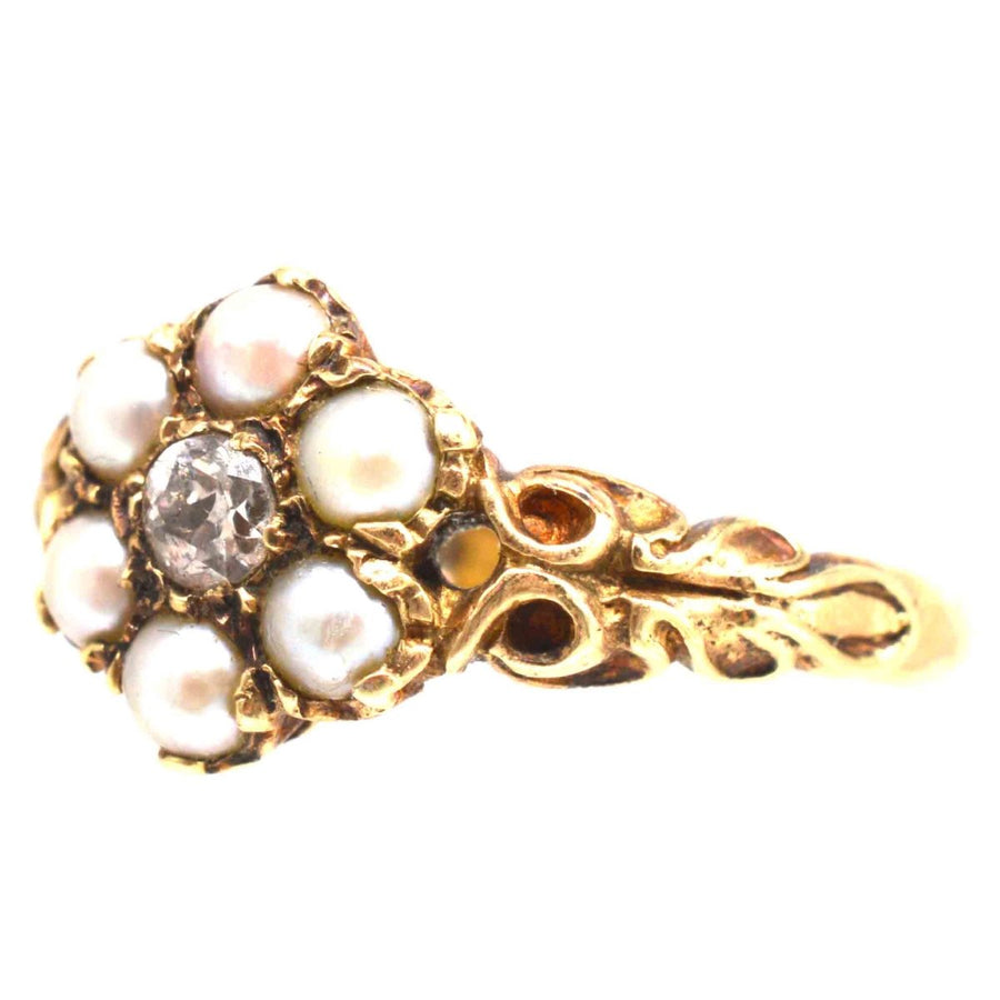 Late Victorian 9ct Gold Split Pearl and Diamond Cluster Ring | Parkin and Gerrish | Antique & Vintage Jewellery