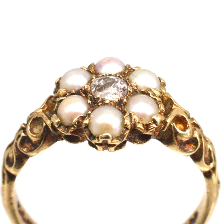 Late Victorian 9ct Gold Split Pearl and Diamond Cluster Ring | Parkin and Gerrish | Antique & Vintage Jewellery