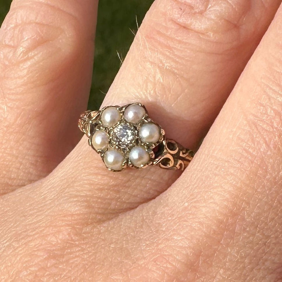 Late Victorian 9ct Gold Split Pearl and Diamond Cluster Ring | Parkin and Gerrish | Antique & Vintage Jewellery