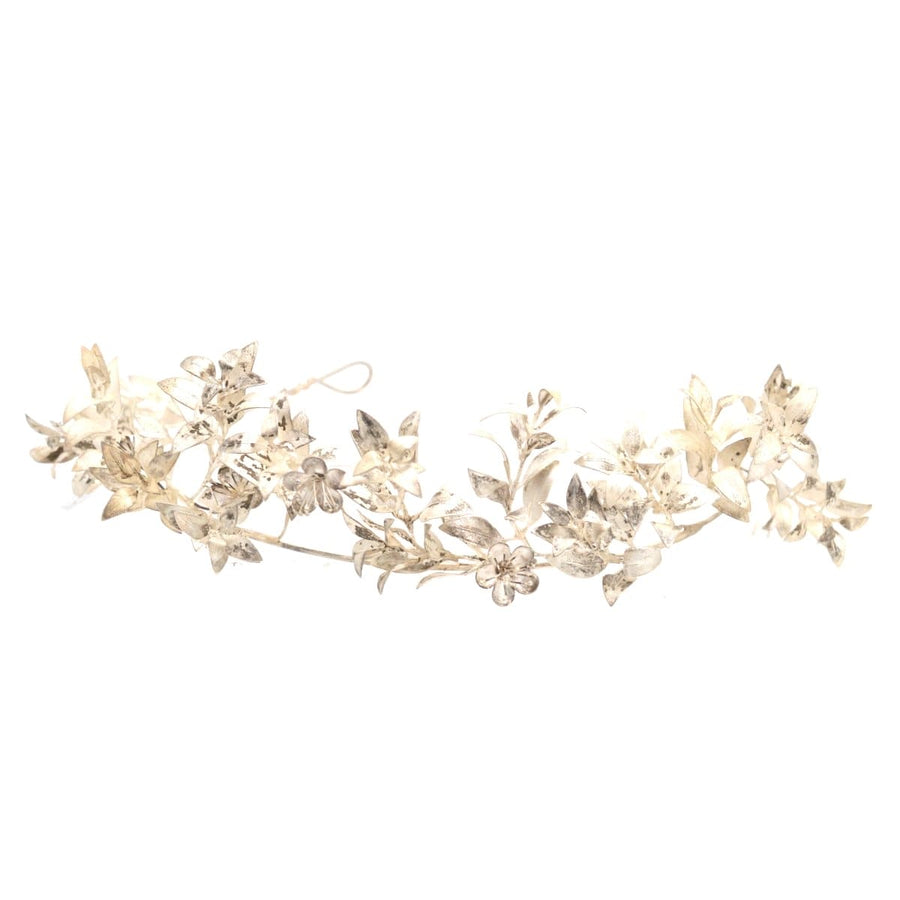 Victorian silver leaf marriage tiara featuring intricate silver myrtle leaves and flowers, ideal for weddings.