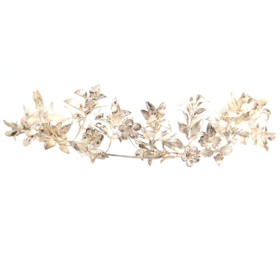 Mid 19th century Victorian silver leaf tiara with intricate floral design for weddings.