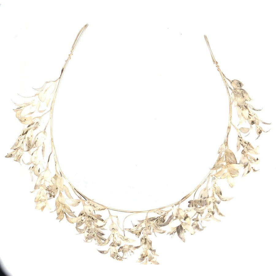 Victorian silver leaf marriage tiara, handcrafted with myrtle leaves, symbolizing love and fidelity, circa 1850s.