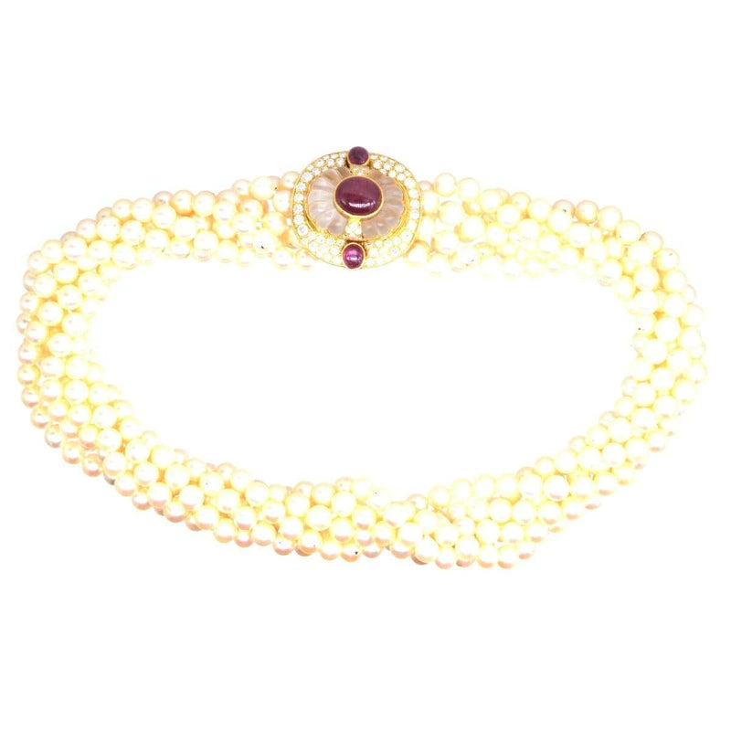 Mid Century French 18ct Gold Cultured Pearl Torsade necklace with Diamond, Rock Crystal and Ruby Clasp