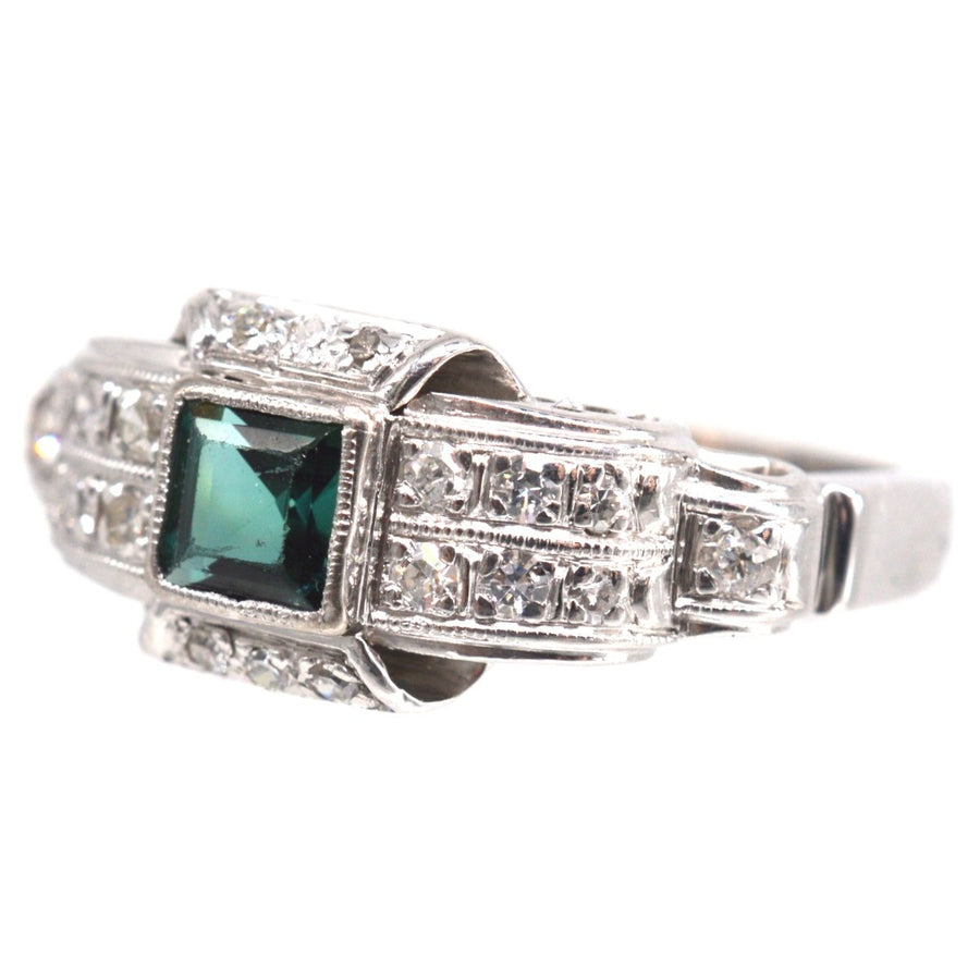 Mid Century Platinum, Green Sapphire and Diamond Ring | Parkin and Gerrish | Antique & Vintage Jewellery