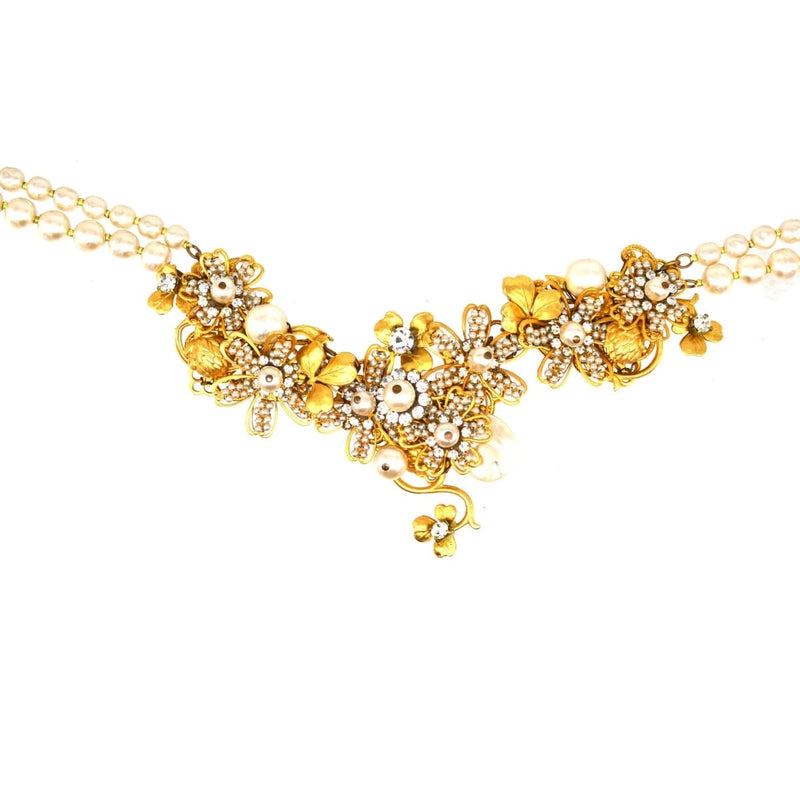 Miriam Haskell Signed Faux Pearl and Gold-Tone Floral Necklace