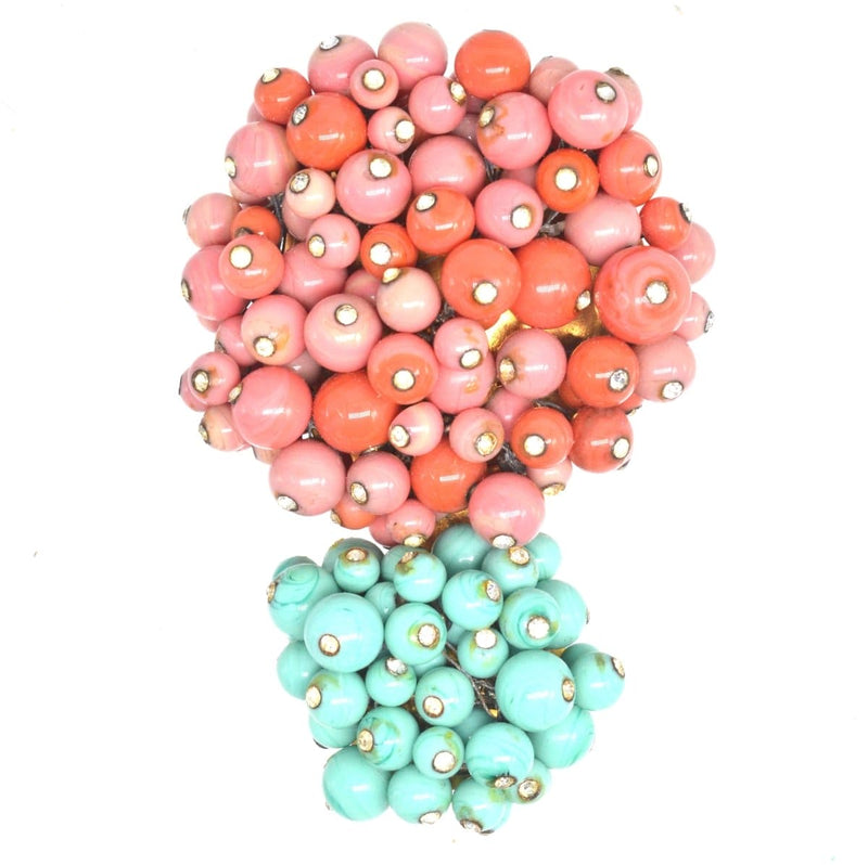 Rare Gripoix Brooch with Coral and Blue Turquoise Glass Paste and Rhinestones