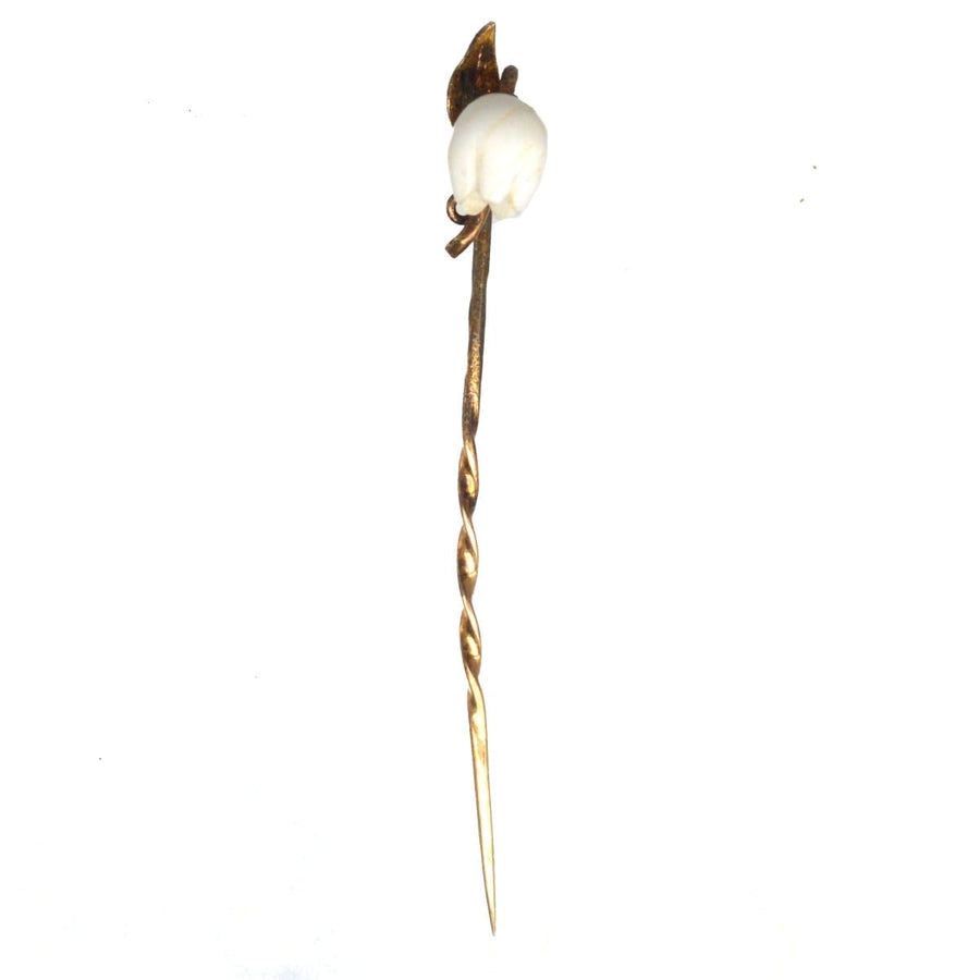 Rare Regency 9ct gold tie pin with carved white coral Lily of the Valley, elegant accessory for ties.