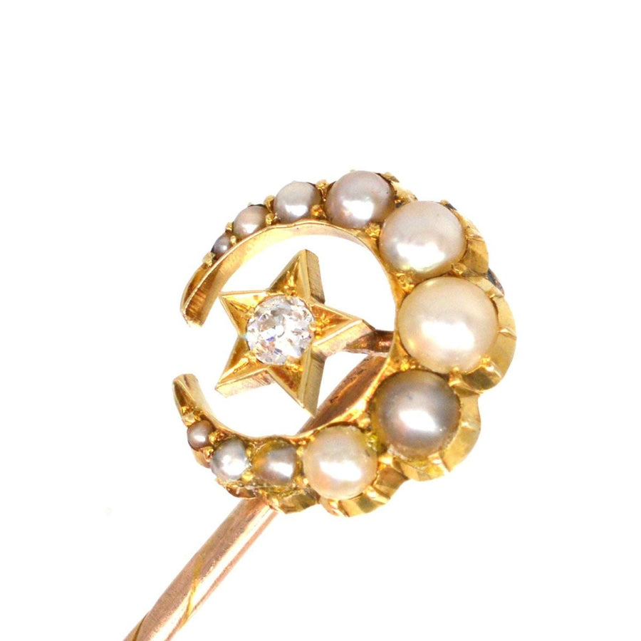 Victorian 15ct Gold Pearl and Diamond Star and Crescent Moon Tie Pin | Parkin and Gerrish | Antique & Vintage Jewellery