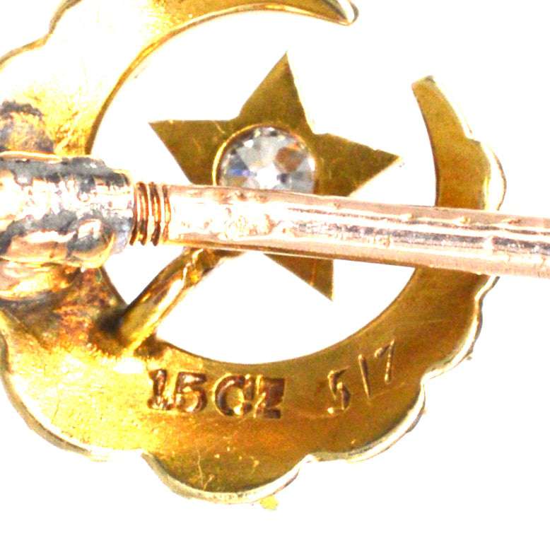 Victorian 15ct Gold Pearl and Diamond Star and Crescent Moon Tie Pin | Parkin and Gerrish | Antique & Vintage Jewellery