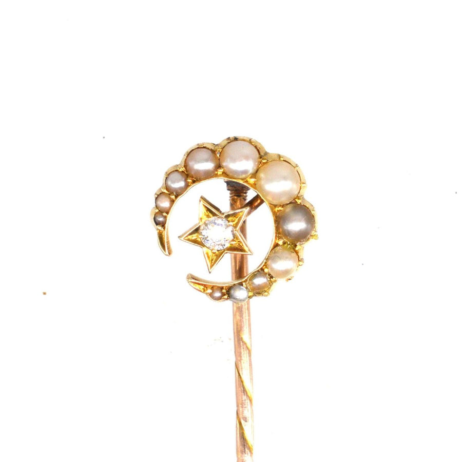 Victorian 15ct Gold Pearl and Diamond Star and Crescent Moon Tie Pin | Parkin and Gerrish | Antique & Vintage Jewellery