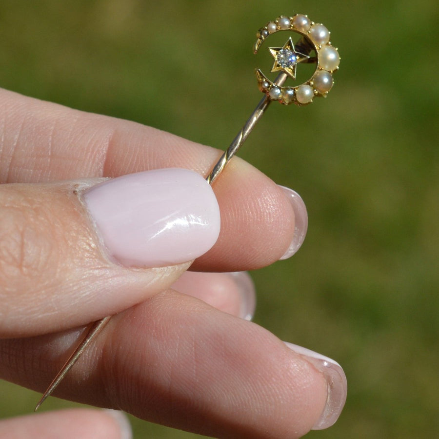 Victorian 15ct Gold Pearl and Diamond Star and Crescent Moon Tie Pin | Parkin and Gerrish | Antique & Vintage Jewellery