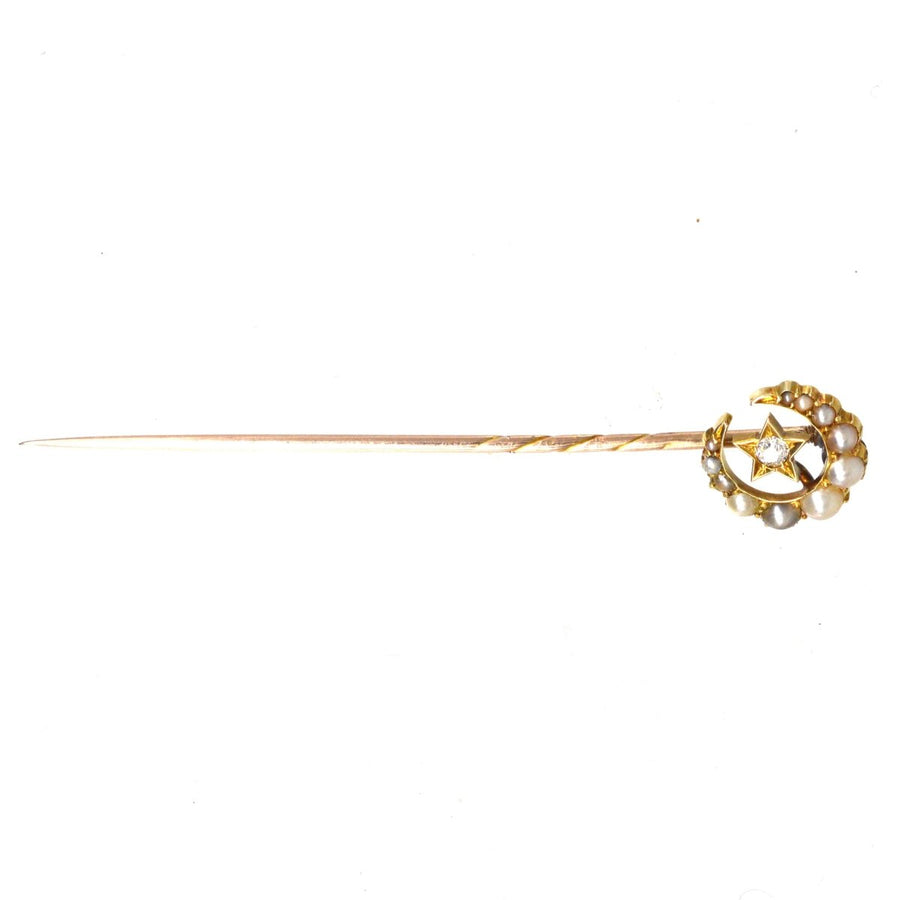 Victorian 15ct Gold Pearl and Diamond Star and Crescent Moon Tie Pin | Parkin and Gerrish | Antique & Vintage Jewellery