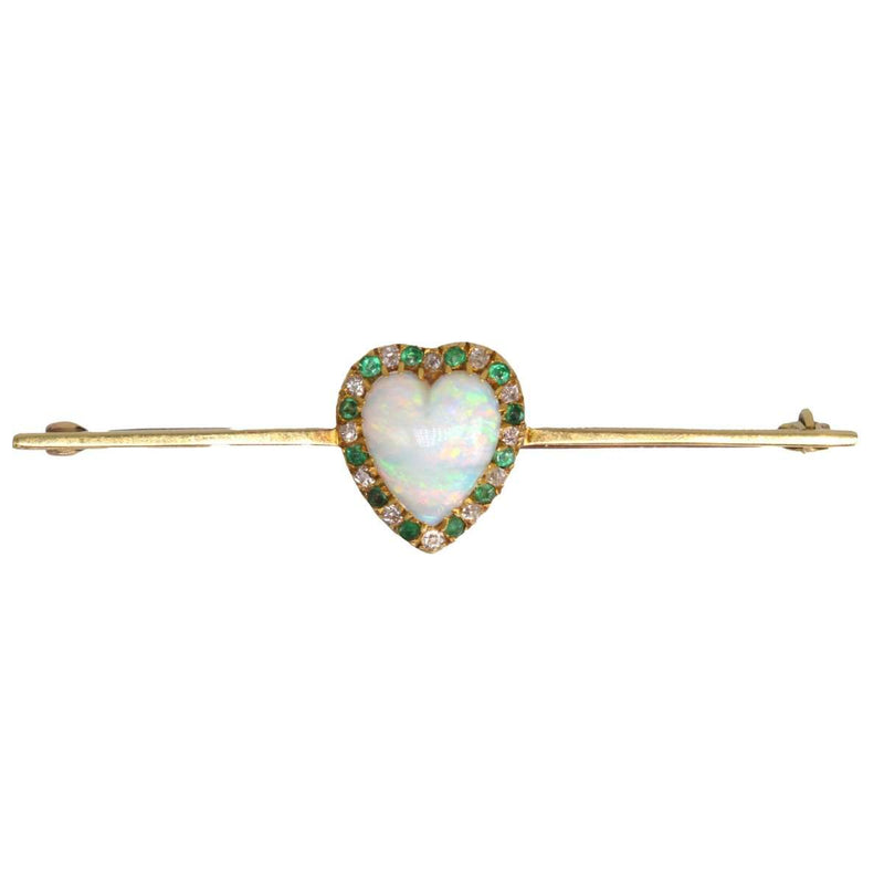 Victorian 18ct Gold Bar Brooch with a Heart Shaped Opal with Diamond and Emerald