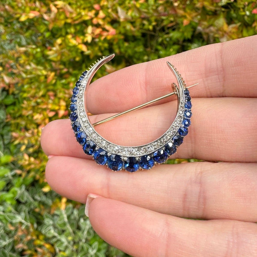 Victorian 18ct Gold, Sapphire and Diamond Crescent Moon Brooch | Parkin and Gerrish | Antique & Vintage Jewellery