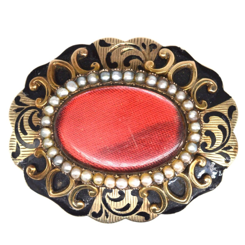 Victorian 9ct Gold Mourning Brooch with Seed Pearl and Hairwork
