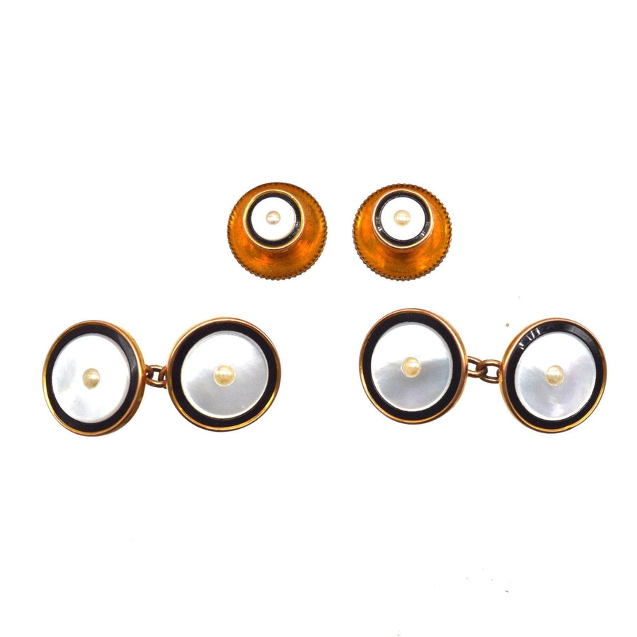 1930s Deco 9ct Gold & Gilt, Onyx and Pearl Cufflinks in Original Case | Parkin and Gerrish | Antique & Vintage Jewellery