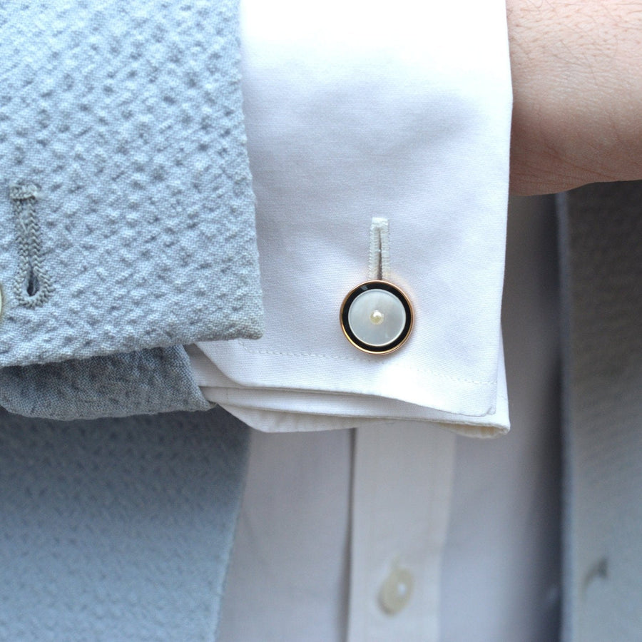 1930s Deco 9ct Gold & Gilt, Onyx and Pearl Cufflinks in Original Case | Parkin and Gerrish | Antique & Vintage Jewellery