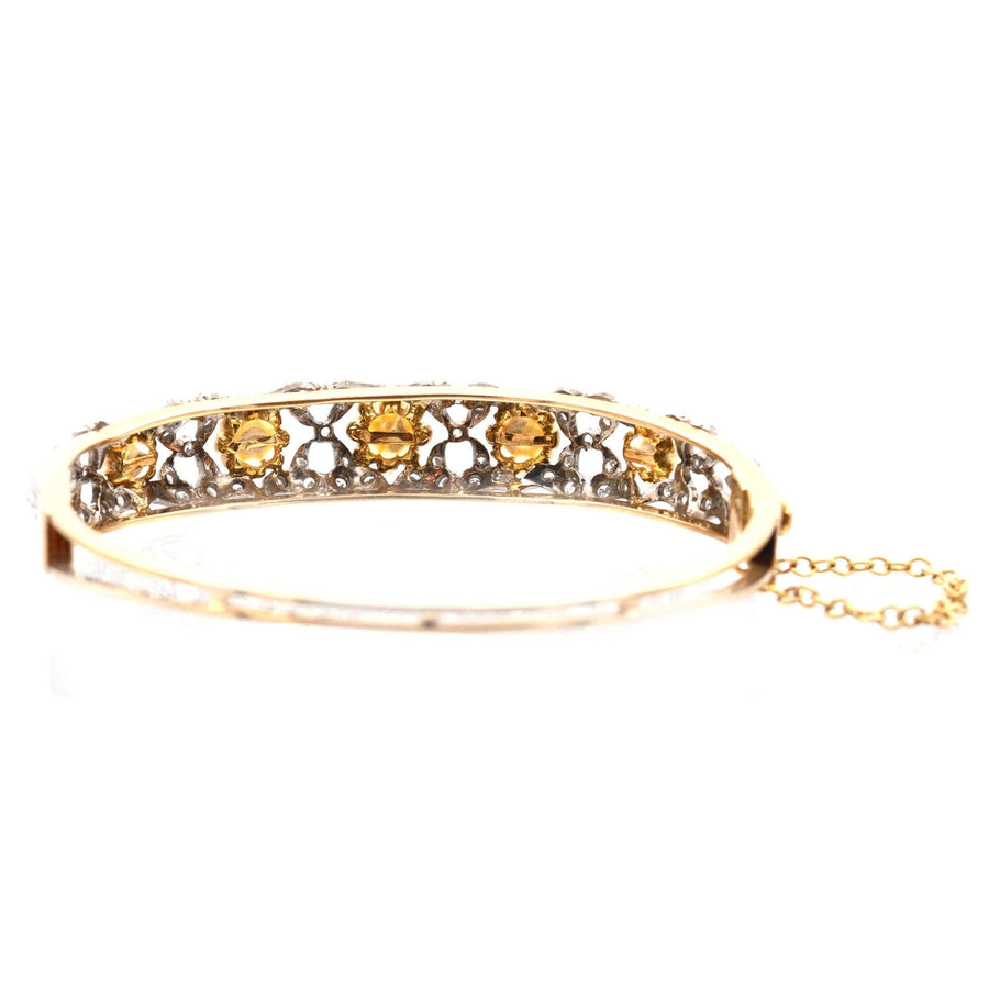 1940s 18ct gold bangle with cultured pearls and diamonds, showcasing a stunning trellis design.