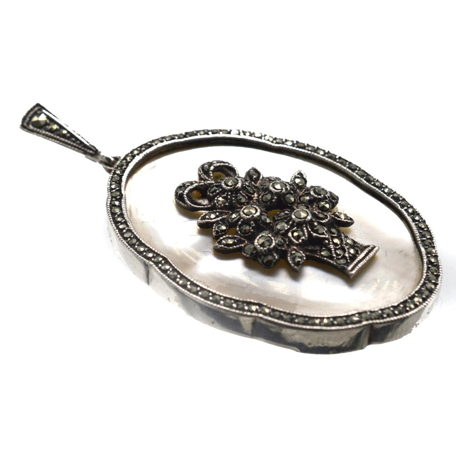 1940s Silver Mother of Pearl and Marcasite Pendant with a Basket of Flowers | Parkin and Gerrish | Antique & Vintage Jewellery