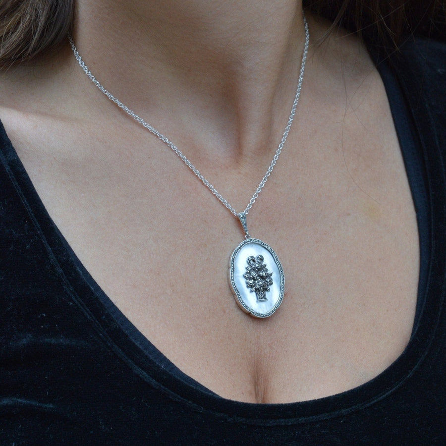 1940s Silver Mother of Pearl and Marcasite Pendant with a Basket of Flowers | Parkin and Gerrish | Antique & Vintage Jewellery